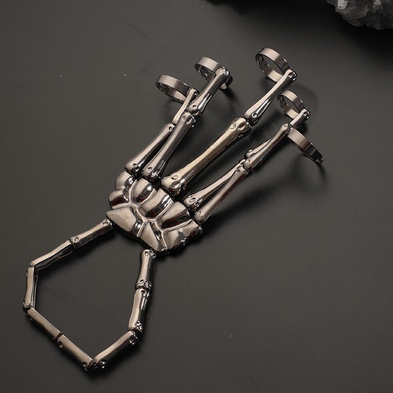 Punk Skull Hand Bone Five Finger Ring Bracelet Chain